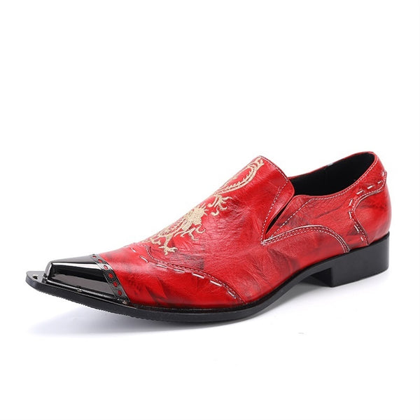 Men Block Heel Metal Pointed Toe Genuine Leather F